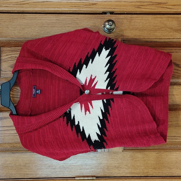 Chaps Sweaters - Unique Chaps Intense Red Sleeveless Cardigan with Bold Geometric Design XL